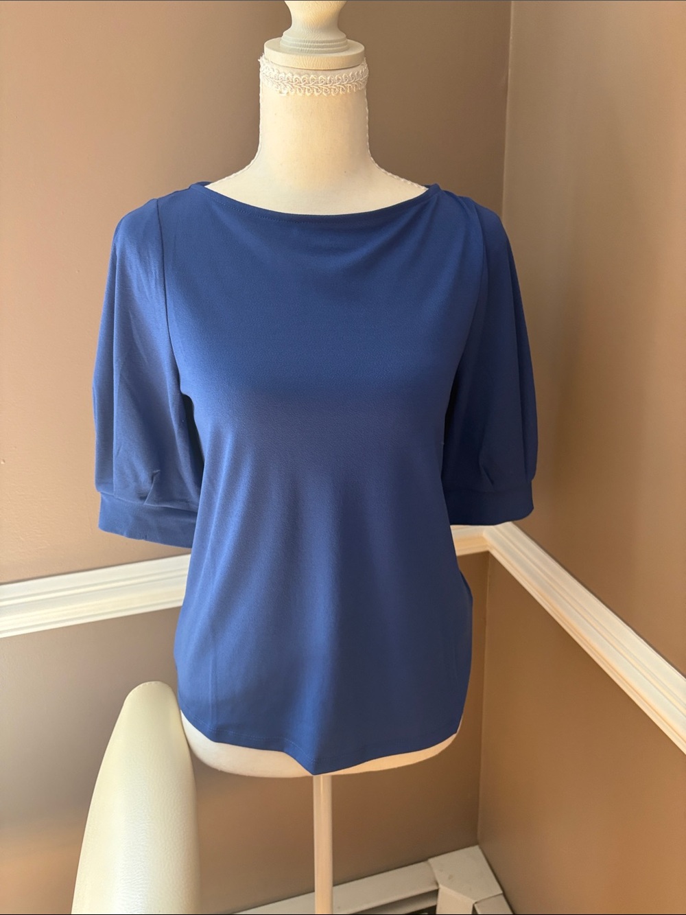H&M Boatneck Short Puff Sleeve Top in Deep Blue